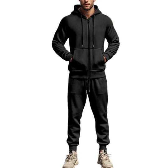 Men's Casual Solid Color Plus Velvet Thickened Long Sleeve Sweater Cuffed Pants Set 9268189528248