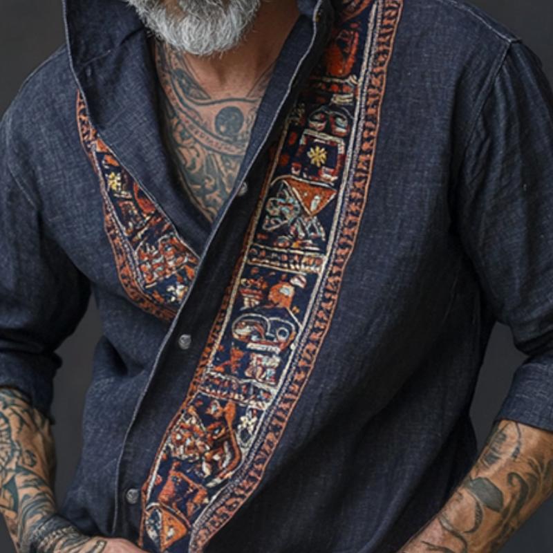 Men's Retro Casual Cotton and Linen Totem Print Long Sleeve Shirt 9879659249848