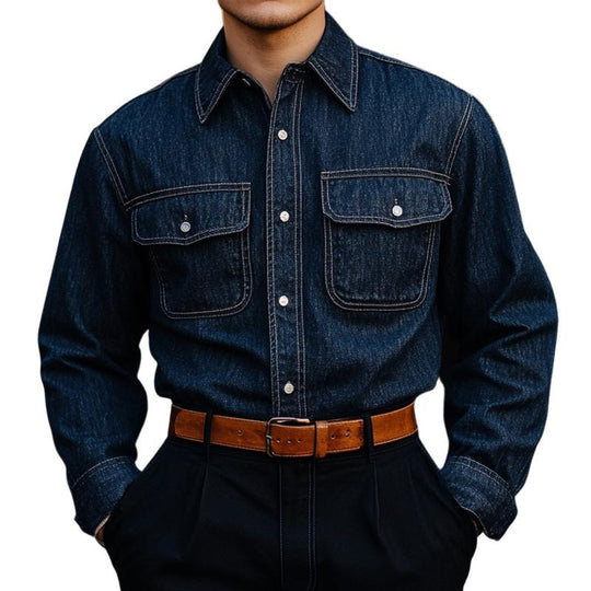 Men's Vintage Dark Blue Denim Long Sleeve Shirt 9885839425720