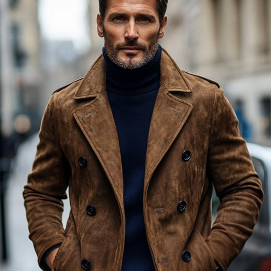 Men's Fashion Suede Notch Lapel Double Breasted Mid-length Coat 9261108986040