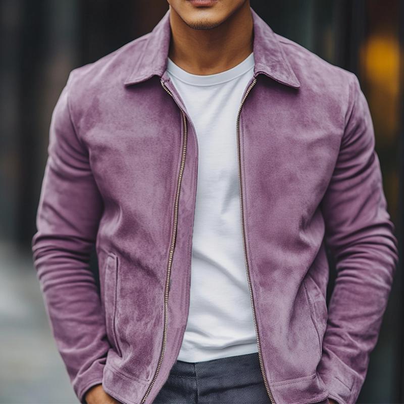 Men's Stylish Casual Solid Color Lapel Zipper Suede Jacket 9888007094456
