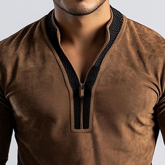 Men's Classic Casual Stitching Leather Stand Collar Suede Long Sleeve POLO Shirt 9886820303032
