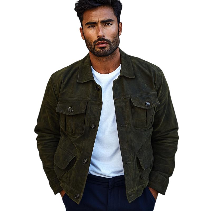 Men's Vintage Dark Green Suede Jacket 9885838147768