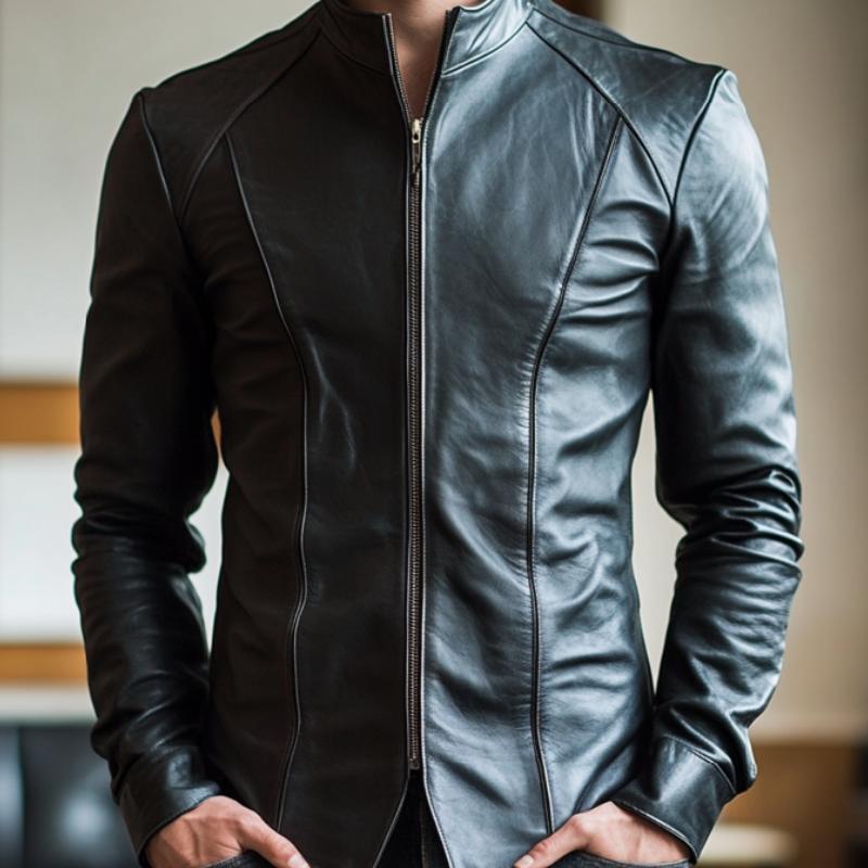 Men's Slim-fit Stand Collar Zip-up Leather Jacket 9877925003448