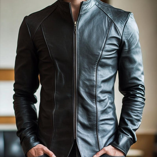 Men's Slim-fit Stand Collar Zip-up Leather Jacket 9877925003448