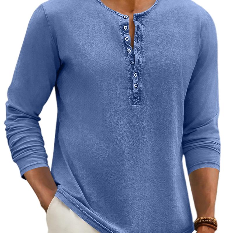Men's Casual Distressed Henley Collar Slim Fit Long Sleeve T-Shirt 9261139558584