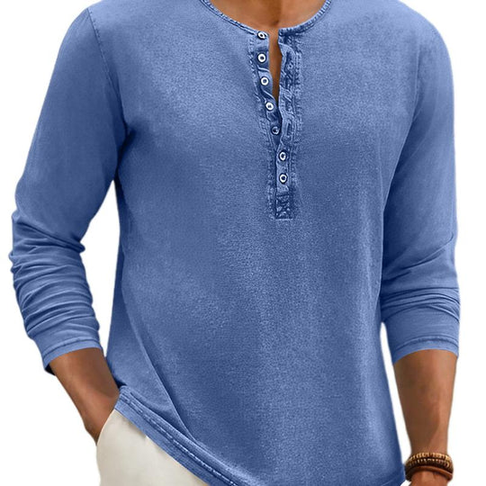 Men's Casual Distressed Henley Collar Slim Fit Long Sleeve T-Shirt 9261139558584