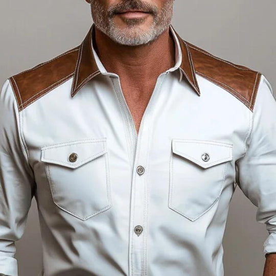 Men's Fashion Paneled Leather Collar Double Chest Pockets Long Sleeve Shirt 9883356528824