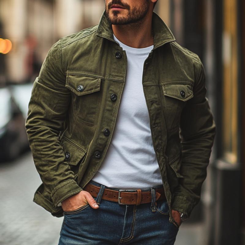 Men's Vintage Washed Denim Lapel Single Breasted Multi-Pocket Jacket 9887361040568