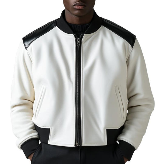 Men's Stylish Colorblock Leather Baseball Jacket 9877925429432