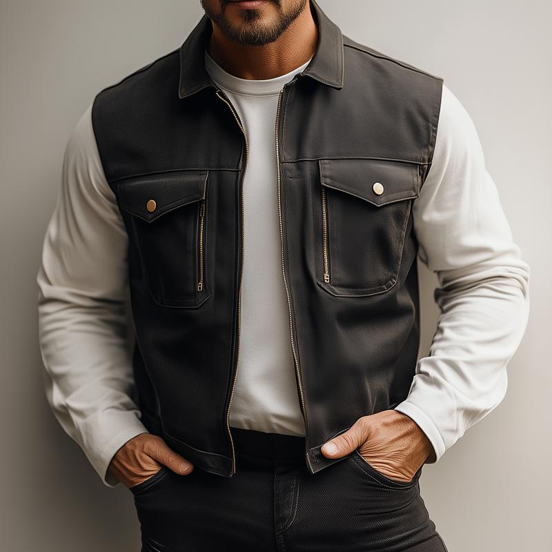 Men's Fashion Lapel Chest Pocket Zipper Vest 9873519902904