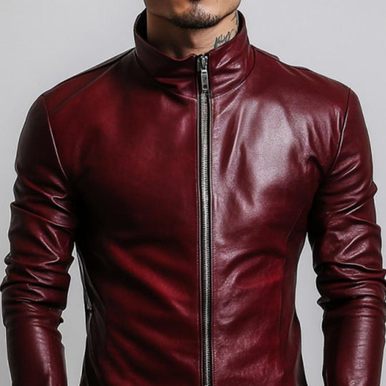 Men's Stylish Casual Stand Collar Slim Fit Leather Jacket 9885322543288