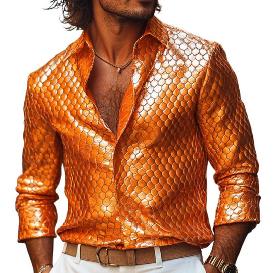 Men's Fashion Lapel Fish Scale Textured Leather Long Sleeve Shirt 9888004276408