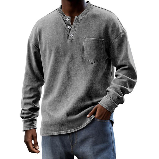 Men's Solid Henley Collar Chest Pocket Long Sleeve T-shirt 9261142442168