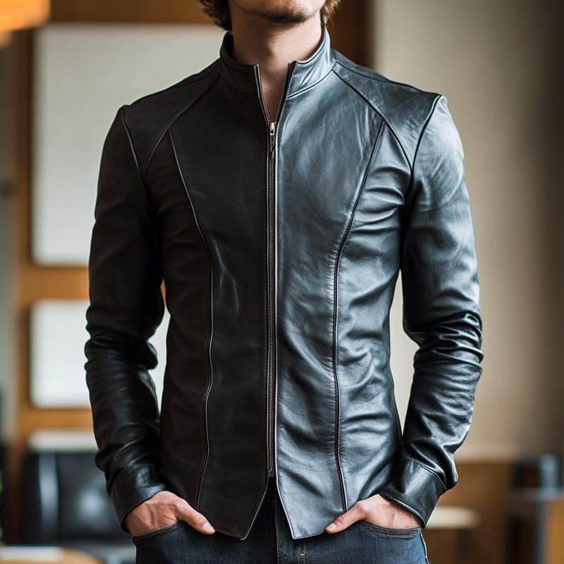 Men's Slim-fit Stand Collar Zip-up Leather Jacket 9877925003448