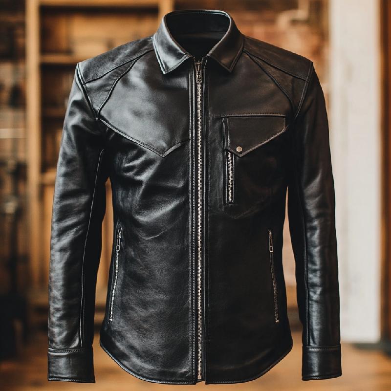 Men's Multi-Pocket Black Lapel Long Sleeve Leather Shirt 9879658922168