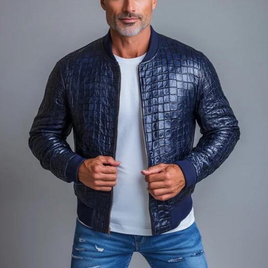 Men's Fashion Stone Crewneck Baseball Leather Jacket 9884643754168