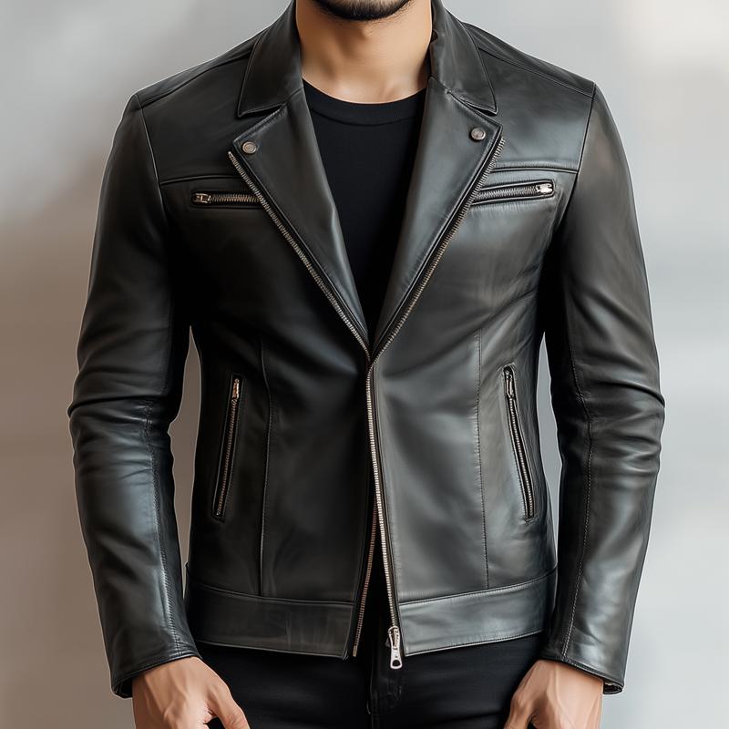 Men's Fashion Leather Lapel Zipper Biker Jacket 9887383027896