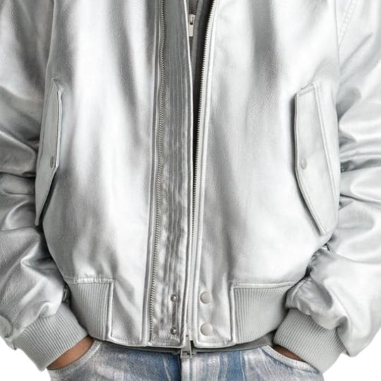 Men's Stylish Silver Lapel Leather Jacket 9887361335480