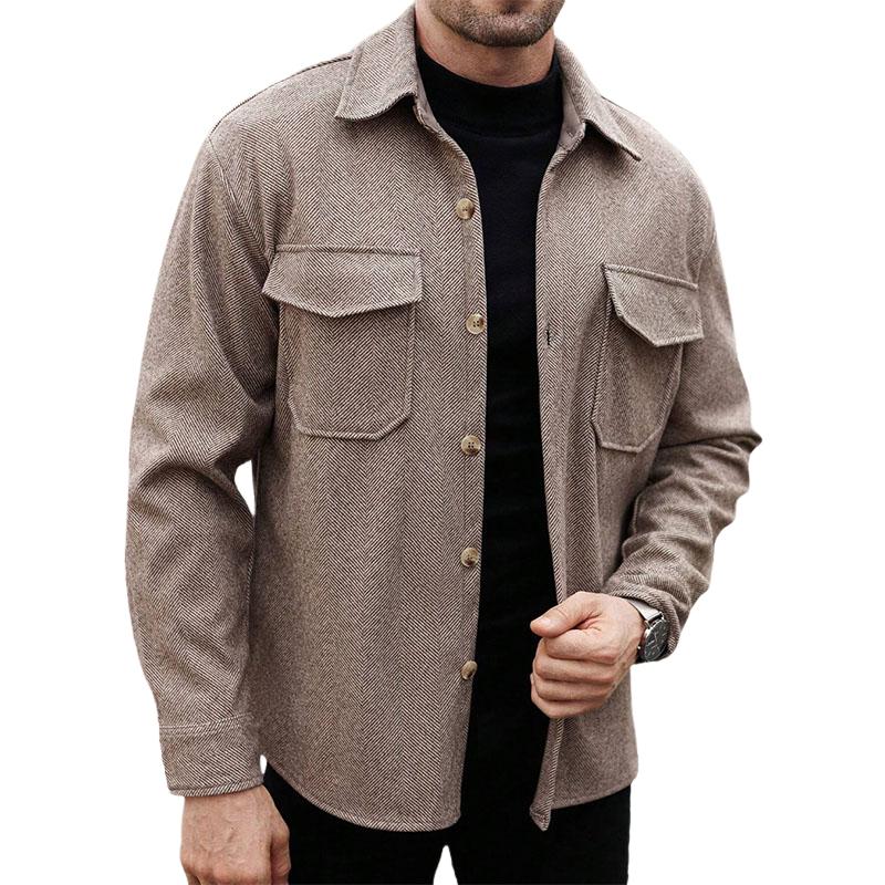 Men's Casual Herringbone Pattern Lapel Loose Chest Pocket Shirt 9880239341752