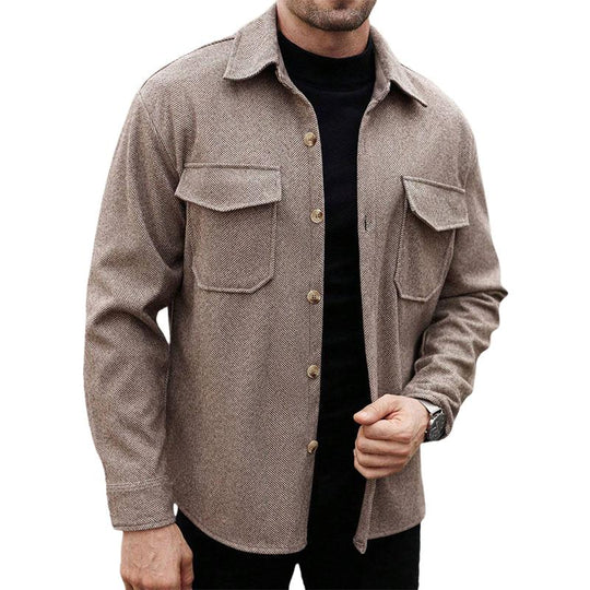 Men's Casual Herringbone Pattern Lapel Loose Chest Pocket Shirt 9880239341752