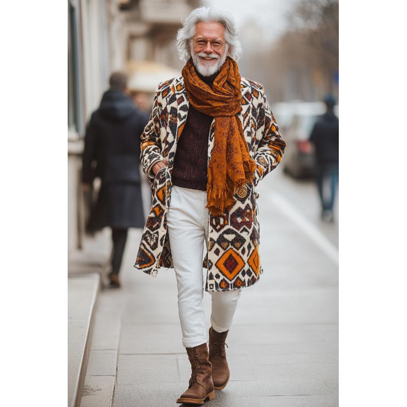 Men's Retro Colorful Ethnic Pattern Printed Woolen Mid-Length Coat 9261110526136