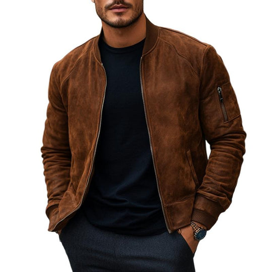 Men's Solid Color Suede Stand Collar Zipper Jacket 9882787872952