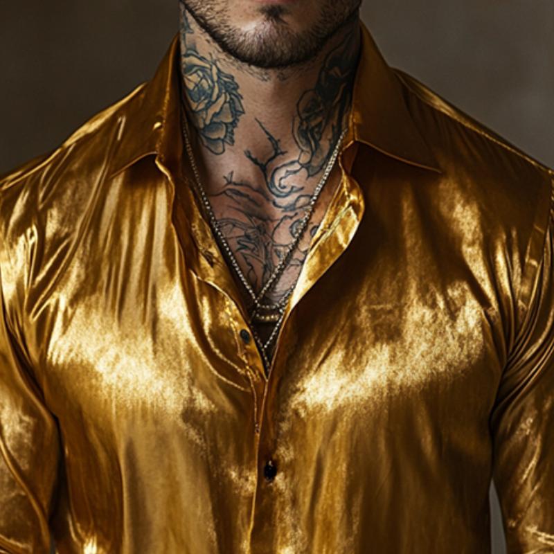 Men's Retro Casual Gold Velvet Lapel Long Sleeve Shirt 9885838770360