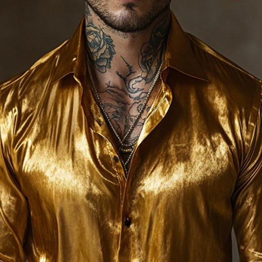 Men's Retro Casual Gold Velvet Lapel Long Sleeve Shirt 9885838770360