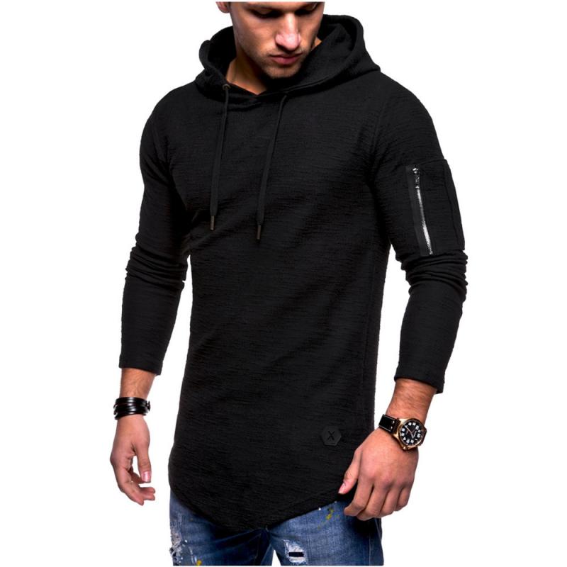 Men's Classic Casual Arm Zipper Solid Color Crew Neck Hooded Long Sleeve T-Shirt 9261141917880