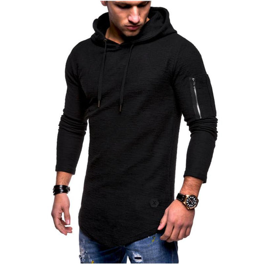 Men's Classic Casual Arm Zipper Solid Color Crew Neck Hooded Long Sleeve T-Shirt 9261141917880