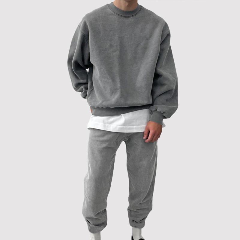 Men's Solid Color Loose Round Neck Long Sleeve Sweatshirt Elastic Waist Pants Casual Set 9877927592120