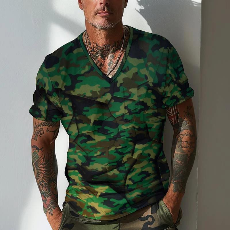 Men's Camouflage V Neck Breast Pocket Short Sleeve T-shirt 9261140508856