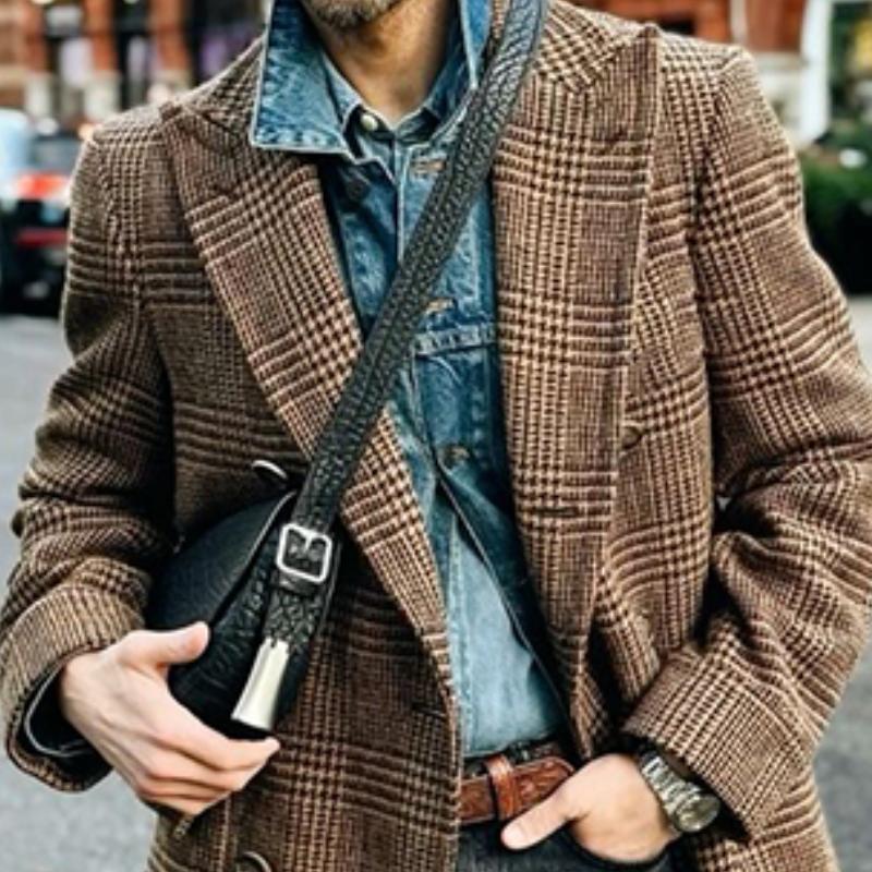 Men's Vintage Check Peak Lapel Single Breasted Knee-Length Coat 9261110493368