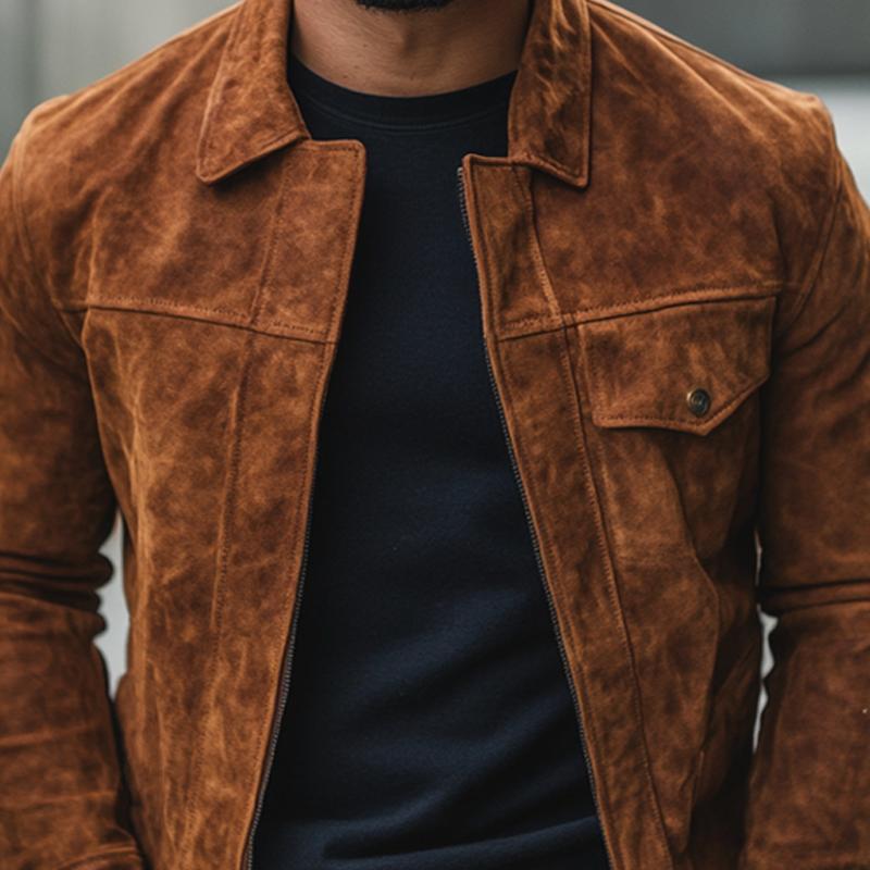 Men's Solid Color Suede Lapel Zipper Jacket 9882788036792
