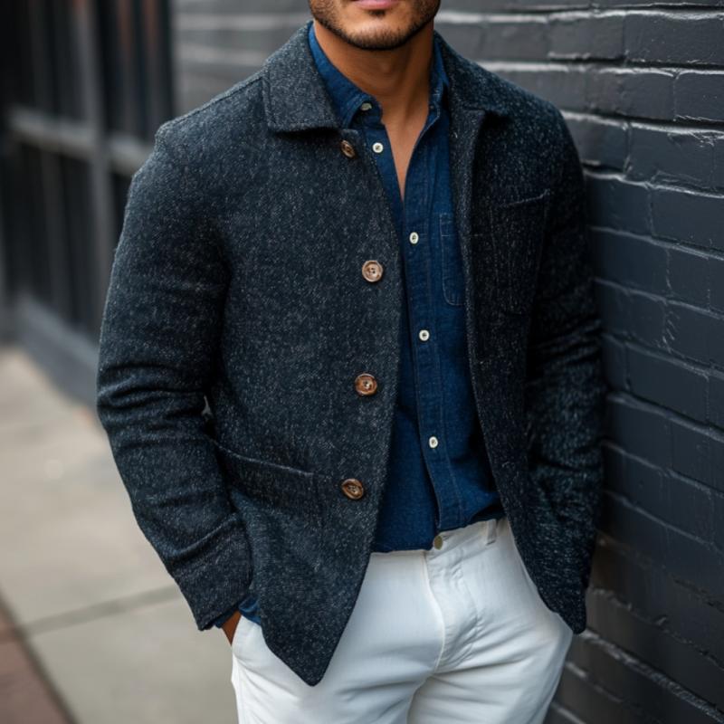Men's Casual Wool Blended Lapel Single Breasted Patch Pocket Jacket 9880236589240