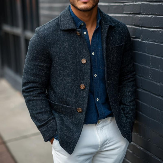 Men's Casual Wool Blended Lapel Single Breasted Patch Pocket Jacket 9880236589240