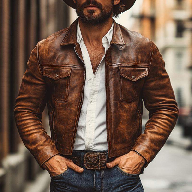 Men's Vintage Lapel Zipper Slim Fit Distressed Leather Jacket 9879142531256