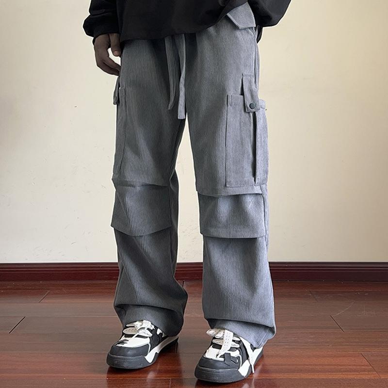 Men's Solid Corduroy Multi-pocket Elastic Waist Loose Cargo Pants 9261764575416