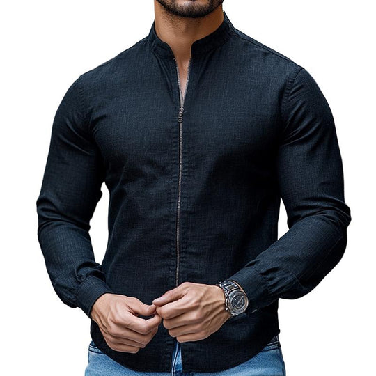 Men's Retro Casual Stand Collar Zipper Long Sleeve Shirt 9880235933880