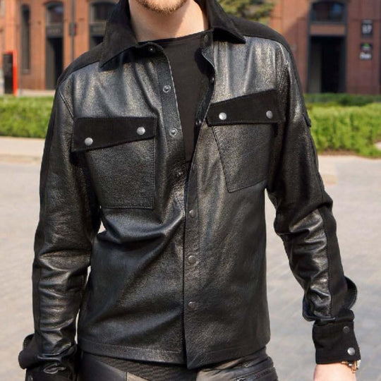 Men's Classic Leather Lapel Long Sleeve Shirt 9886816305336