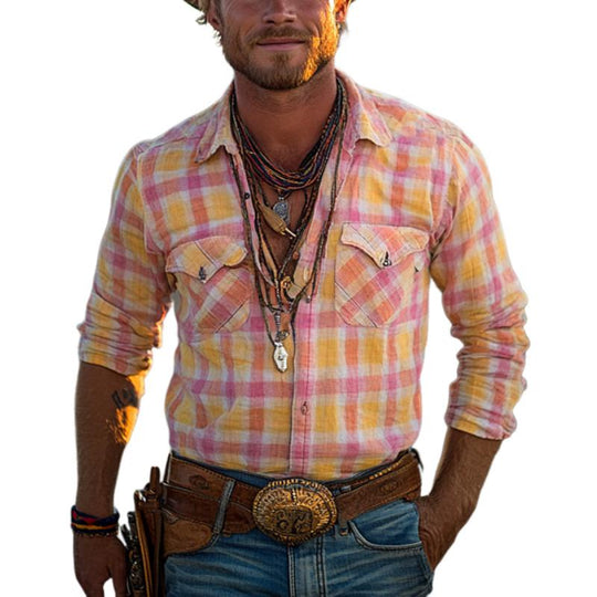 Men's Vintage Check Double Chest Pockets Single Breasted Long Sleeve Shirt 9885321691320