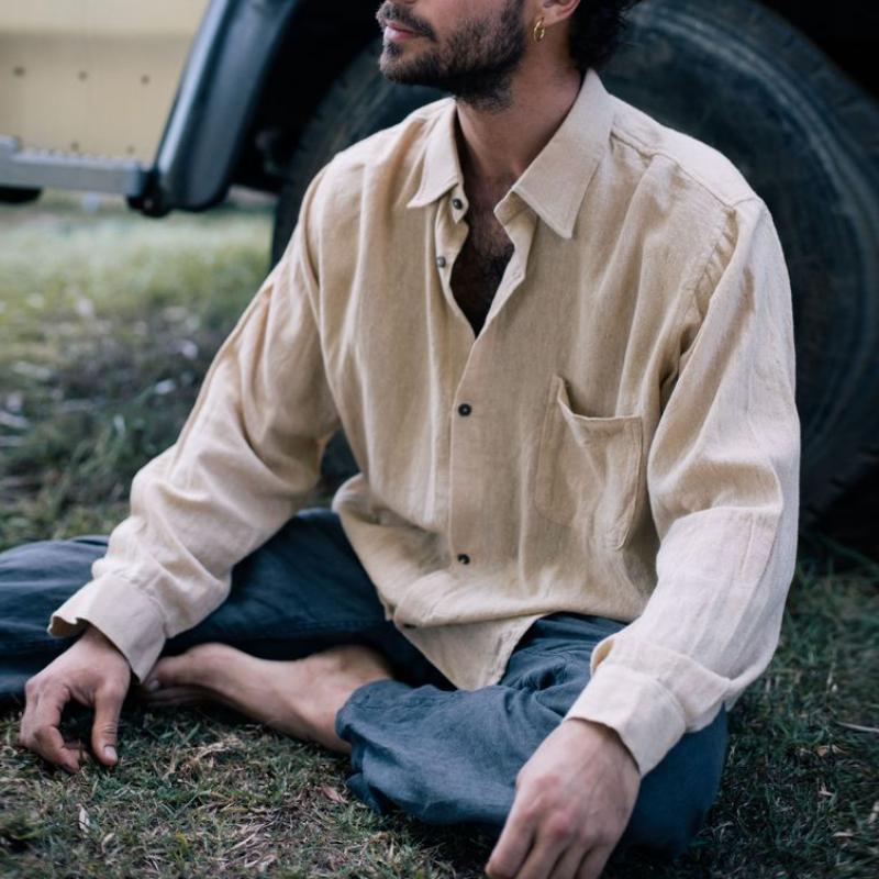 Men's Casual Cotton Linen Lapel Loose Long-sleeved Shirt 9885320315064