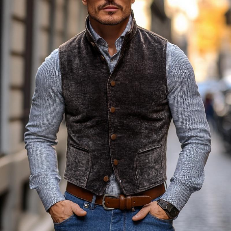 Men's Vintage Velvet Stand Collar Single Breasted Slim Vest 9273157451960