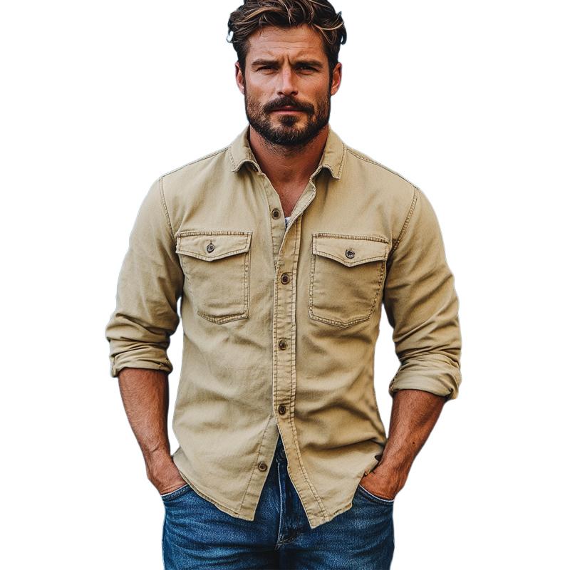 Men's Vintage Washed Denim Long Sleeve Shirt 9885839524024
