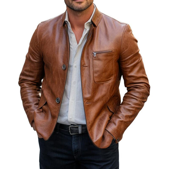 Men's Orange Two Button Leather Jacket 9266613256376