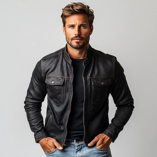 Men's Fashion Multi-Pocket Stand Collar Leather Jacket 9884643492024