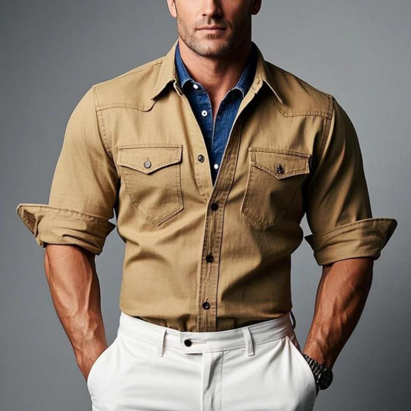 Men's Vintage Double Chest Pockets Single Breasted Long Sleeve Shirt 9885321429176