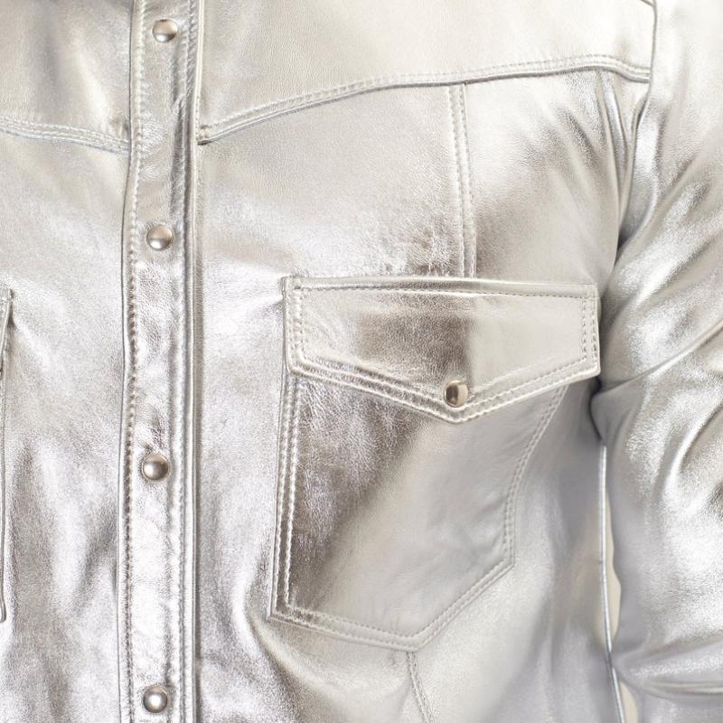 Men's Trendy Lapel Shiny Leather Long-sleeved Shirt 9886816075960