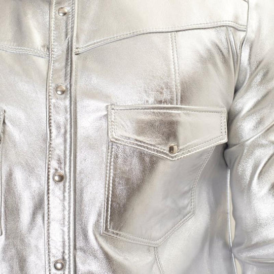 Men's Trendy Lapel Shiny Leather Long-sleeved Shirt 9886816075960